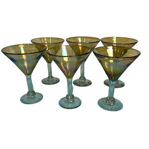 Hand Blown Martini Glasses Gold Iridescent Set Of Six Made in Mexico Barware